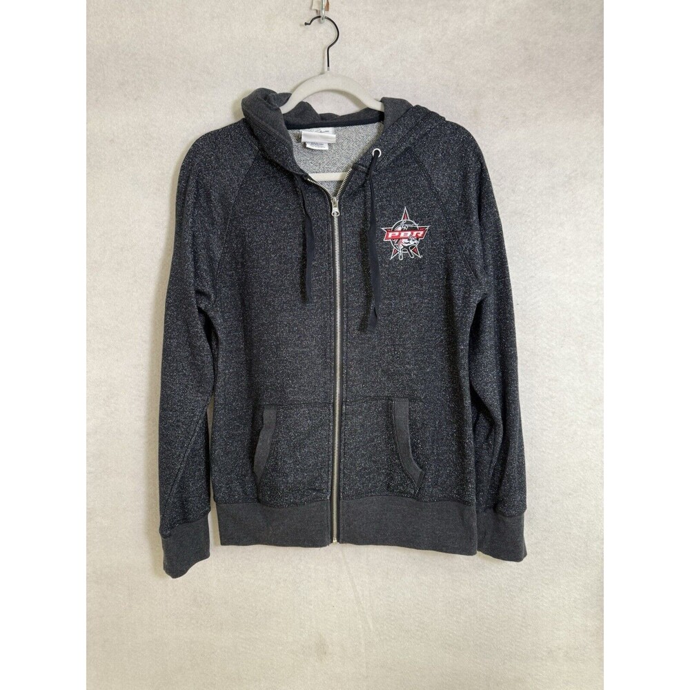 PBR Professional Bull Riders Womens Black Metallic Full Zip Hooded Jacket Med